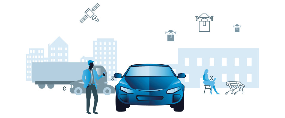 Illustration of a man next to a car. Behind him is an urban landcape with cars, trucks, pedestrians. Satellites and delivery drones fly overhead.